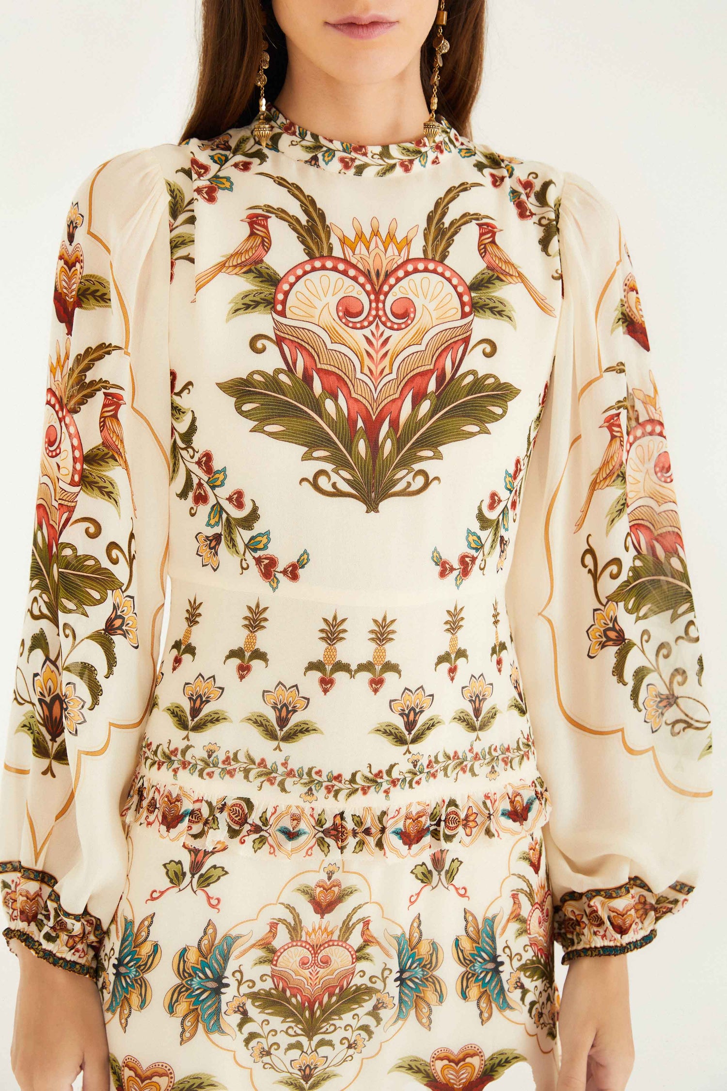 FARM Rio model wearing the Cream Majestic Hearts Maxi Dress