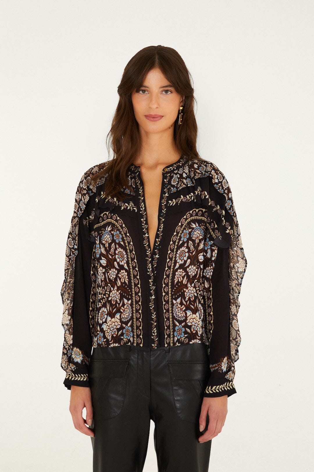 FARM Rio model wearing the Daniela Long Sleeve Ruffled Blouse