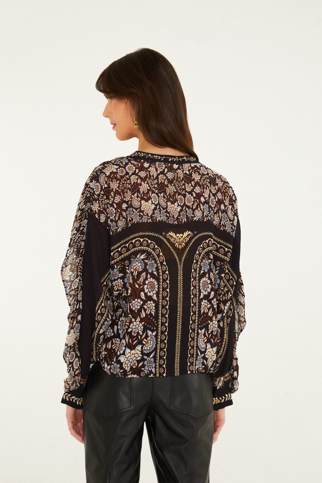 FARM Rio model wearing the Daniela Long Sleeve Ruffled Blouse