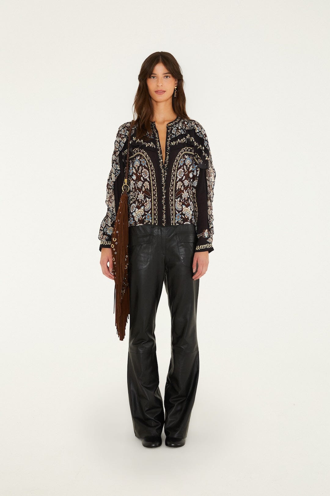 FARM Rio model wearing the Daniela Long Sleeve Ruffled Blouse