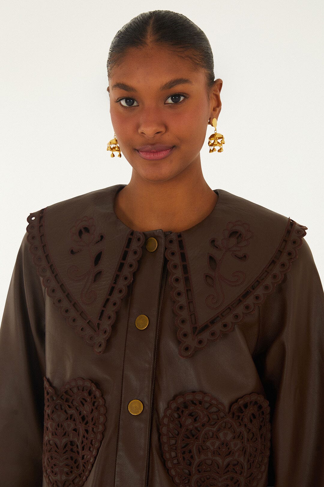 FARM Rio model wearing the Dark Brown Hearts Richelieu Leather Jacket
