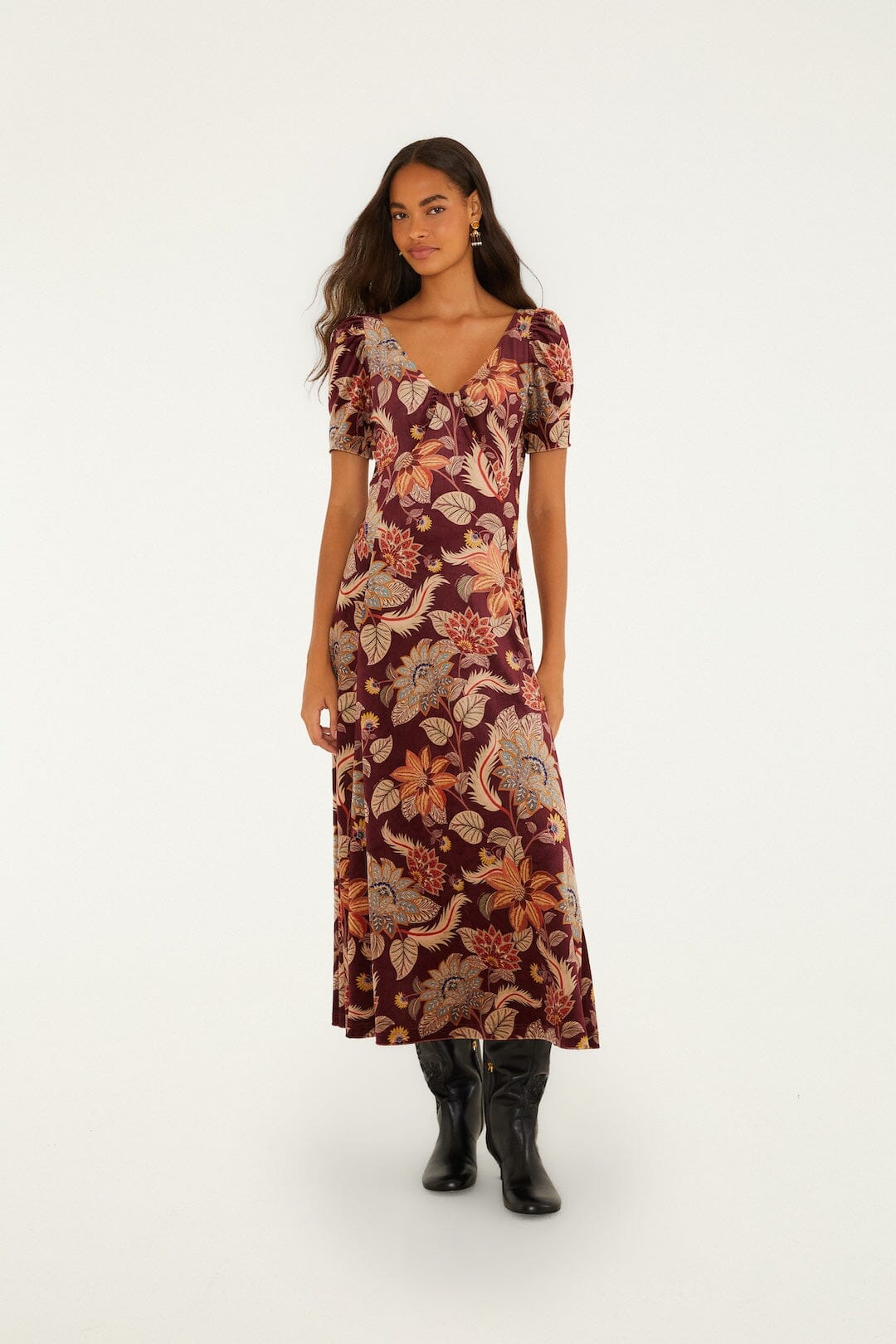 FARM Rio model wearing the Delhi Floral Short Sleeve Velvet Maxi Dress