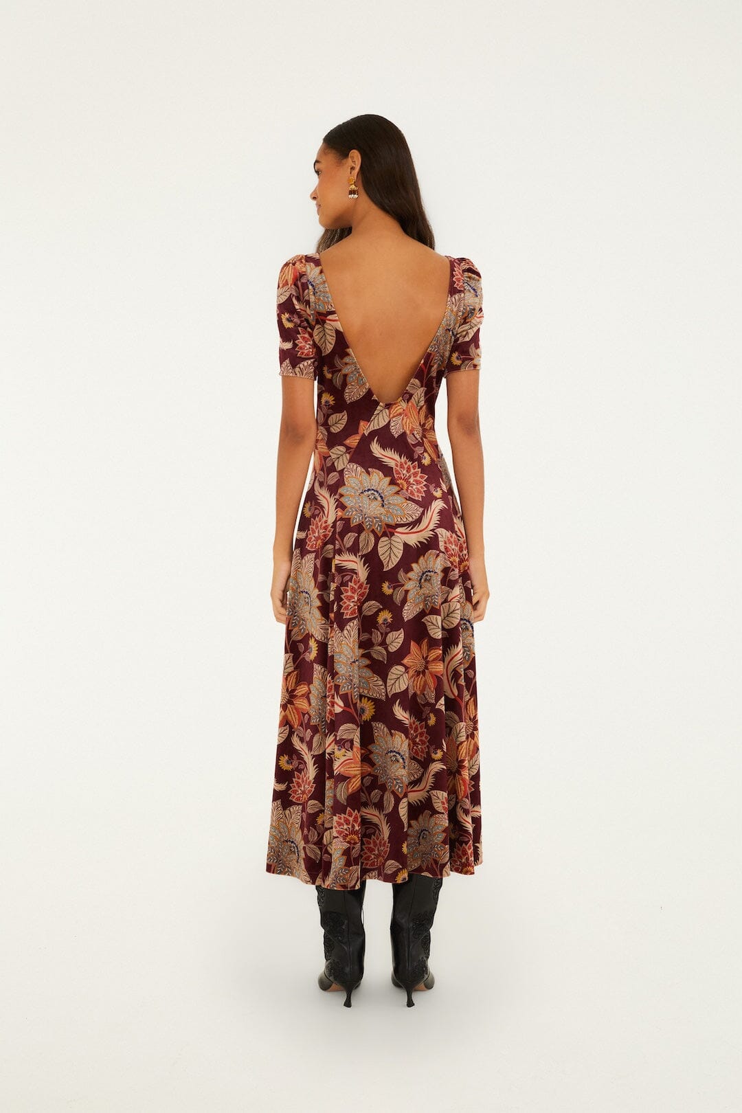 FARM Rio model wearing the Delhi Floral Short Sleeve Velvet Maxi Dress