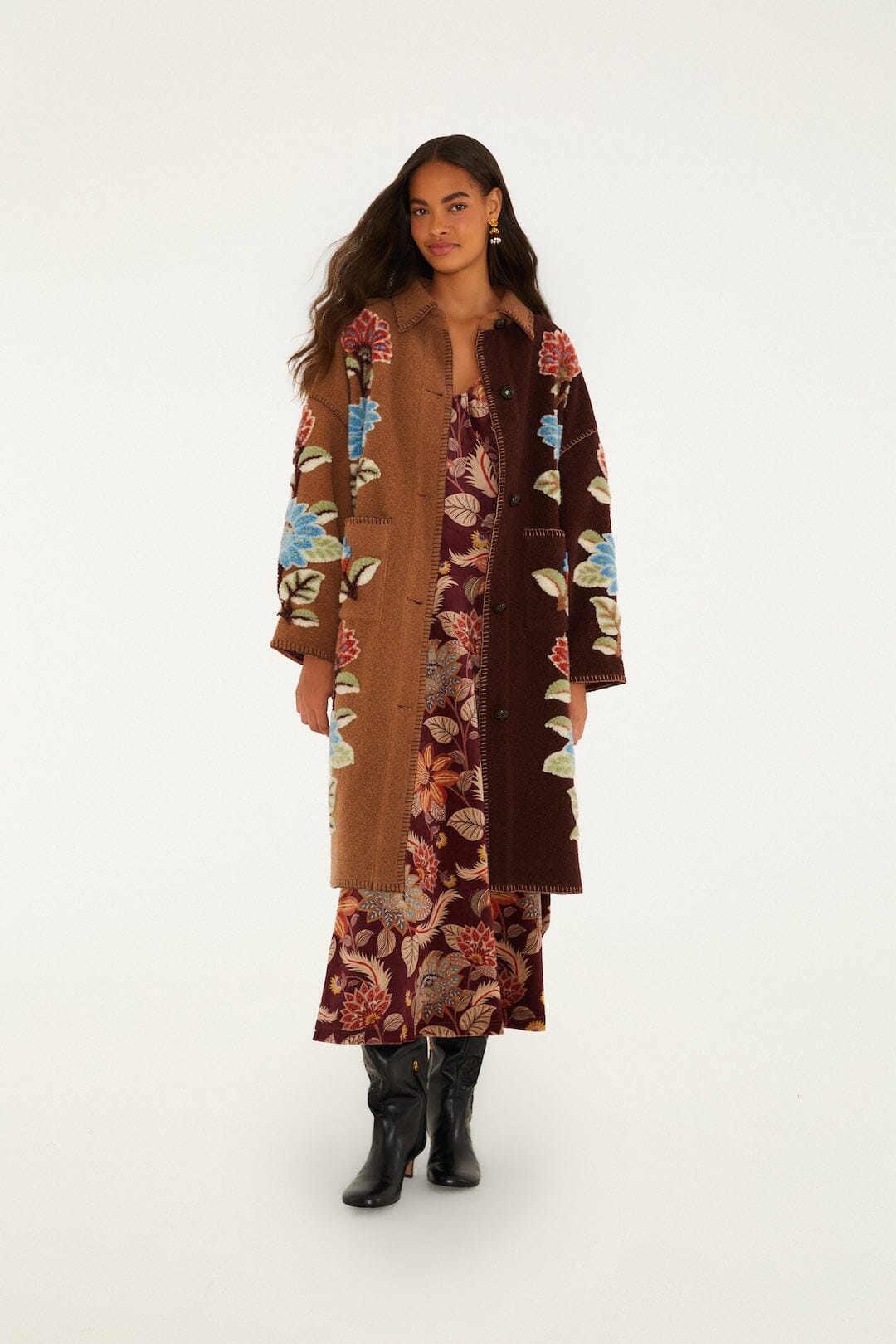 FARM Rio model wearing the Delhi Floral Short Sleeve Velvet Maxi Dress