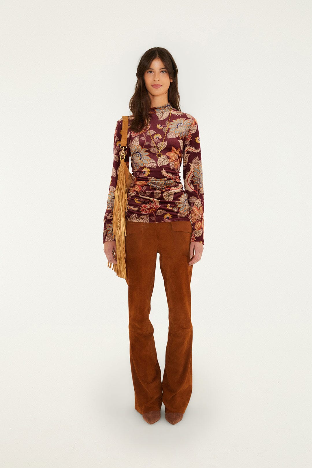 FARM Rio model wearing the Delhi Floral Velvet Jersey Blouse