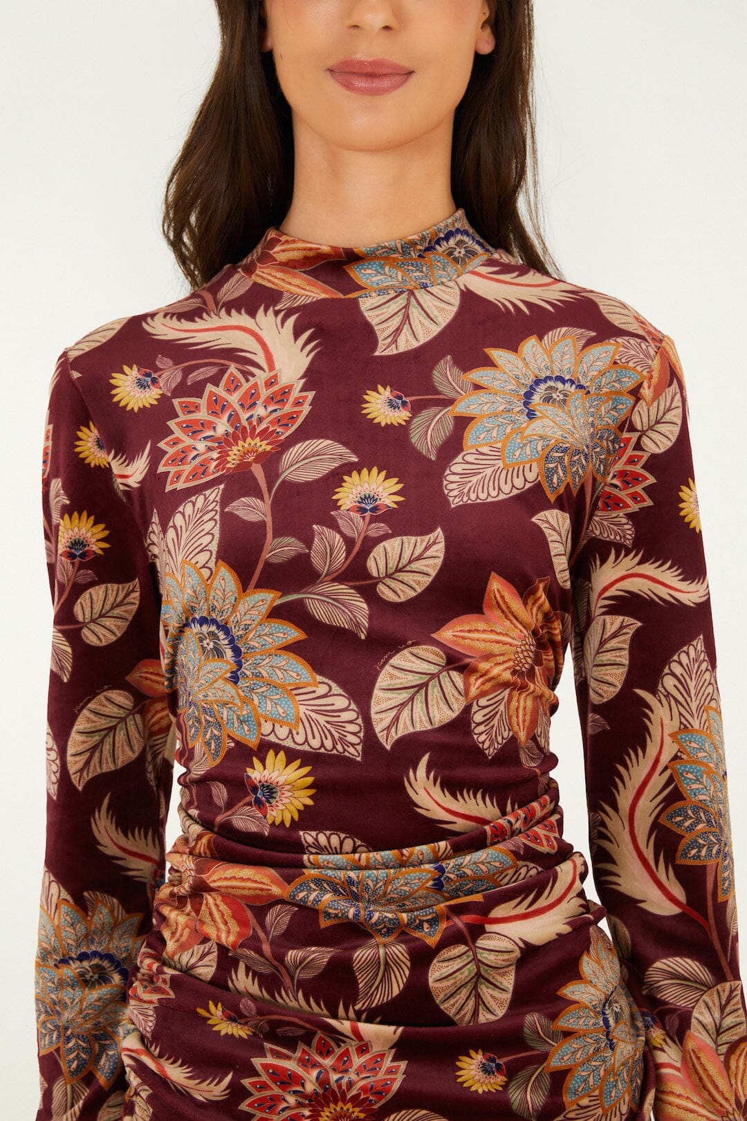 FARM Rio model wearing the Delhi Floral Velvet Jersey Blouse