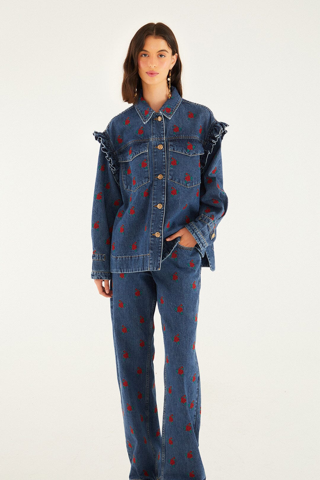 FARM Rio model wearing the Denim Embroidered Flowers Pants