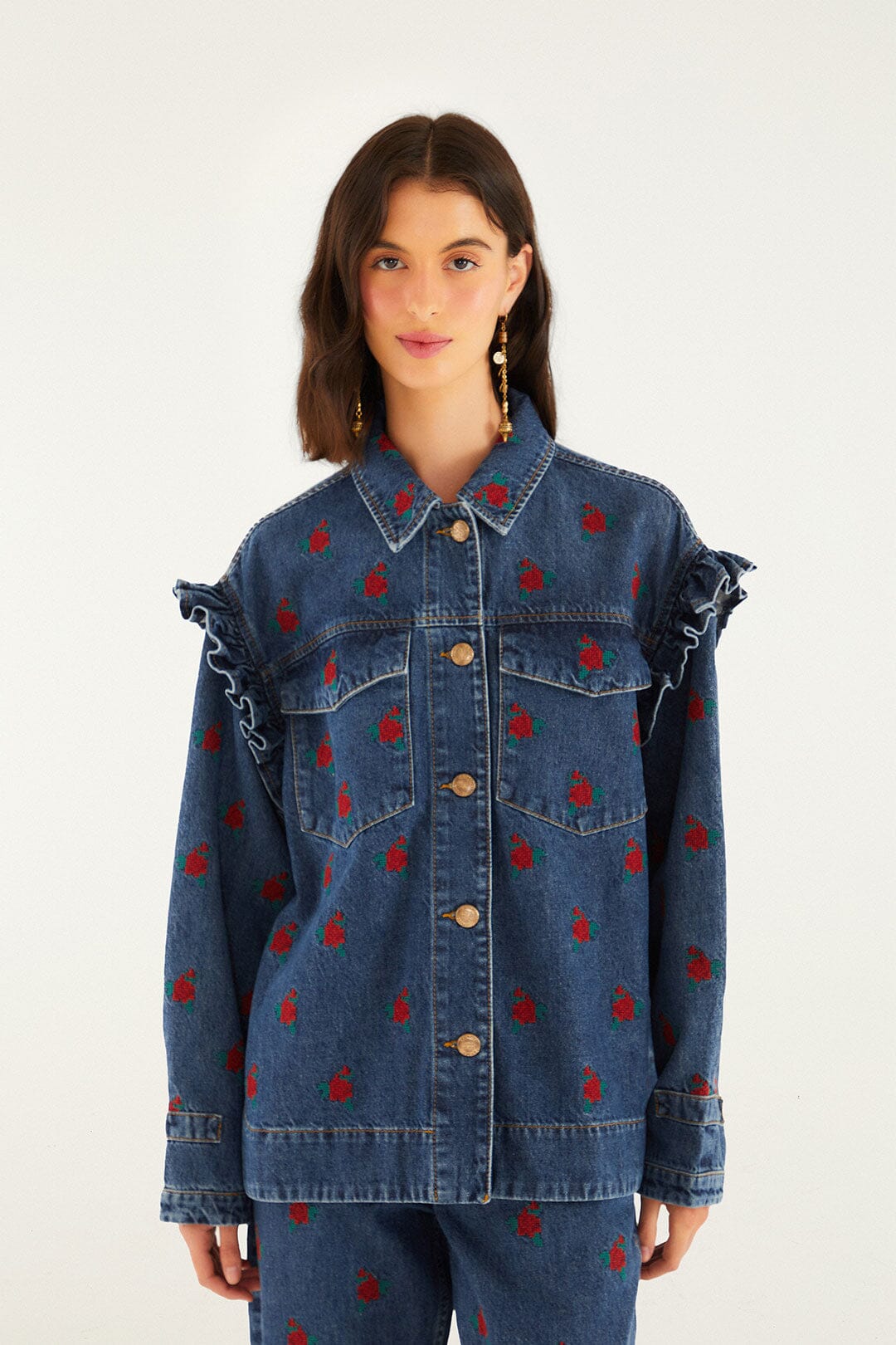 FARM Rio model wearing the Denim Embroidered Flowers Shirt