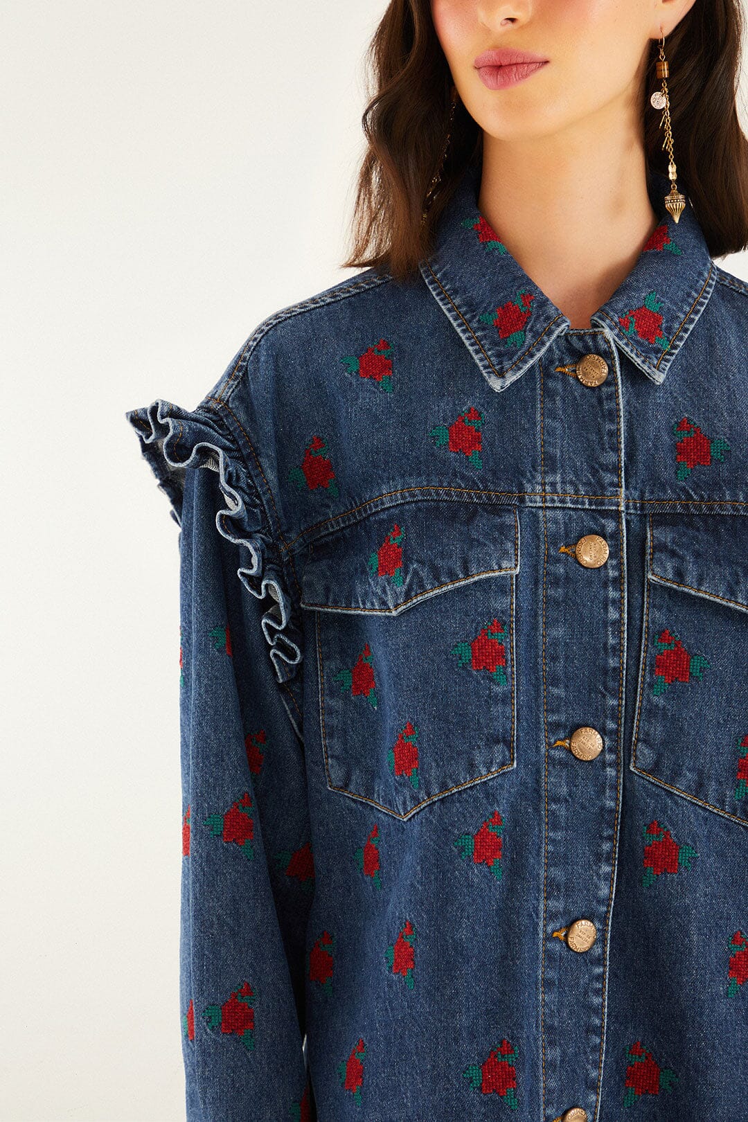 FARM Rio model wearing the Denim Embroidered Flowers Shirt