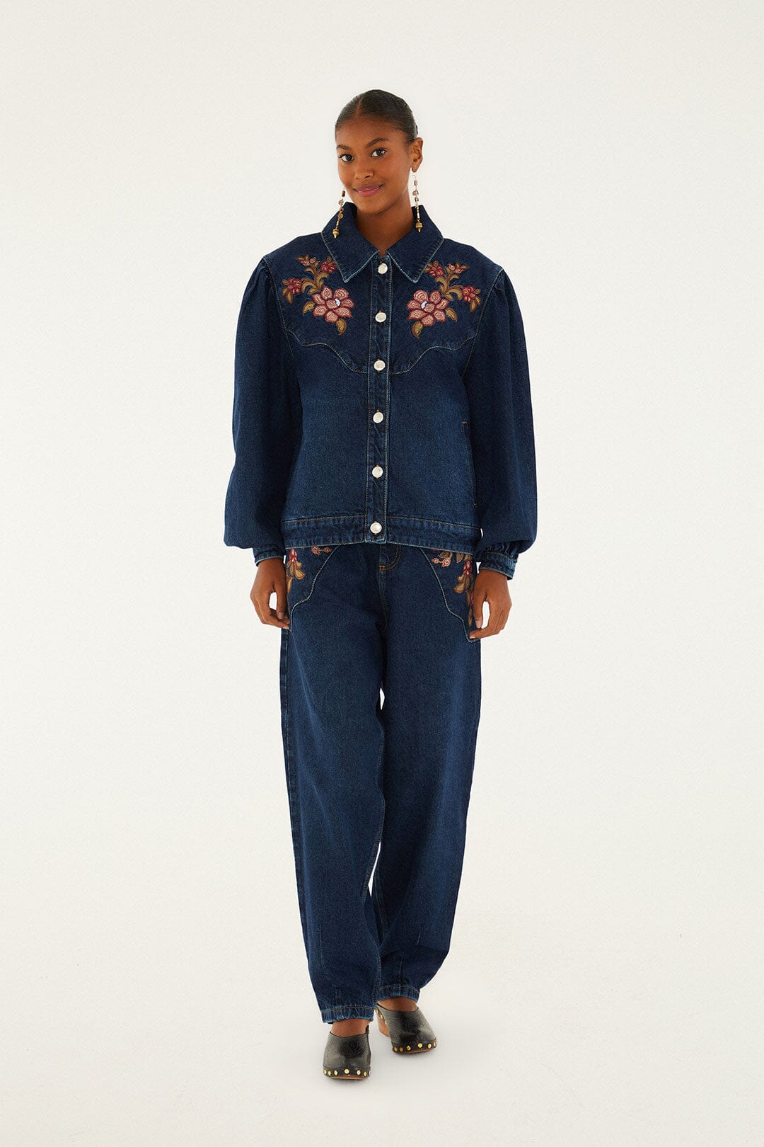 FARM Rio model wearing the Denim Floral Embroidery Pants