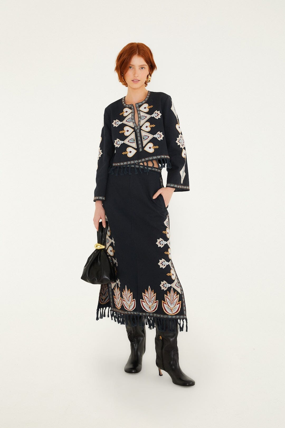 FARM Rio model wearing the Embroidered Fringe Midi Skirt