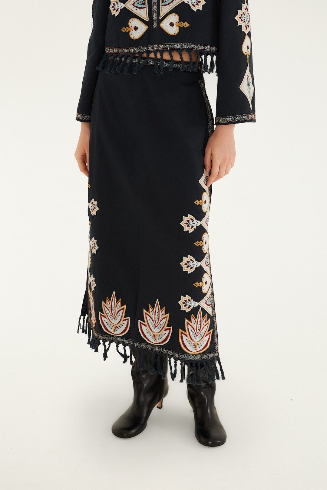 FARM Rio model wearing the Embroidered Fringe Midi Skirt
