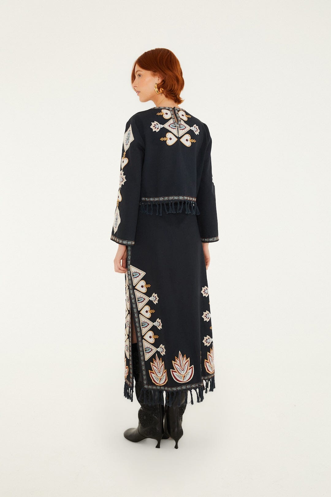 FARM Rio model wearing the Embroidered Fringe Midi Skirt