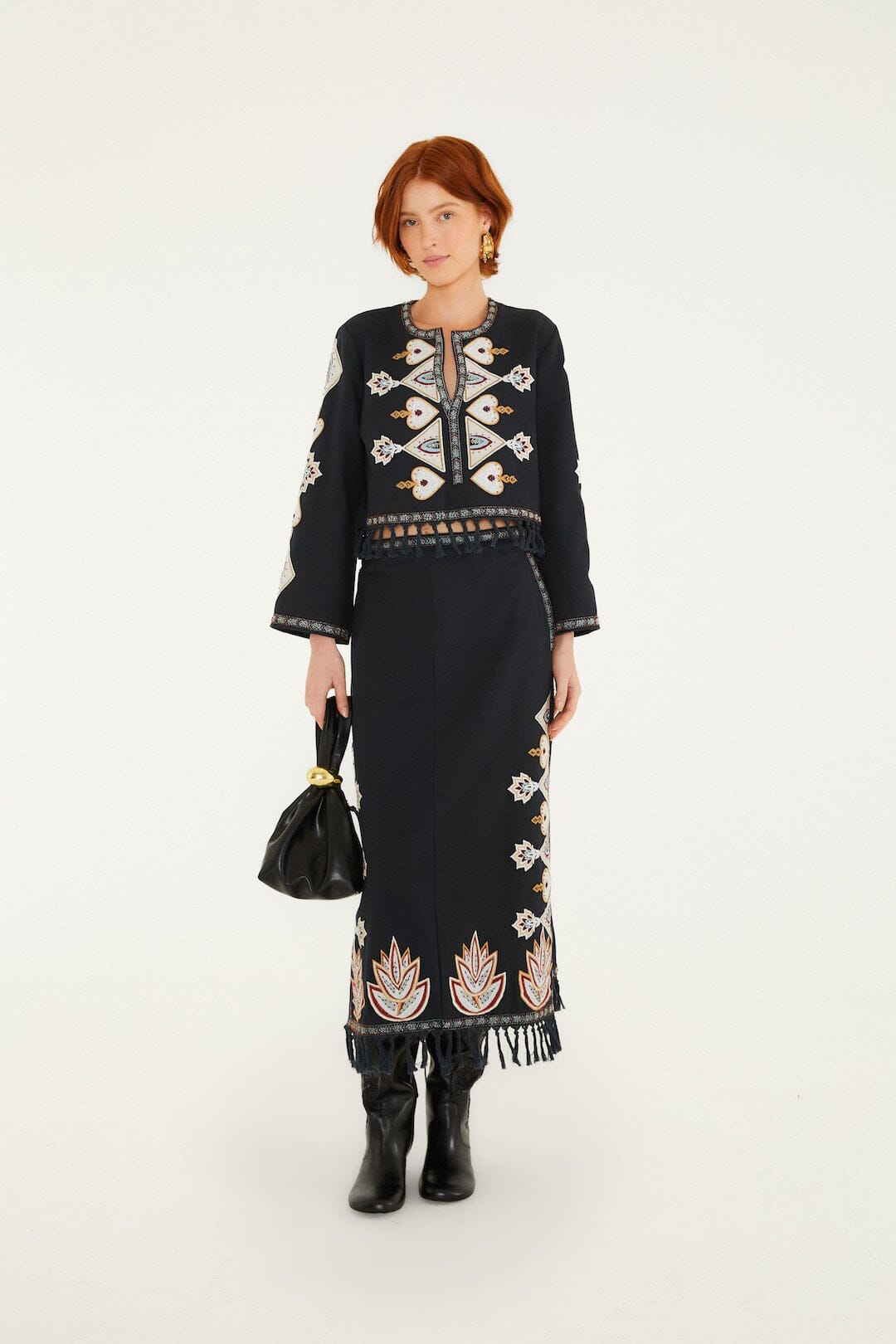FARM Rio model wearing the Embroidered Long Sleeve Fringe Crop Top