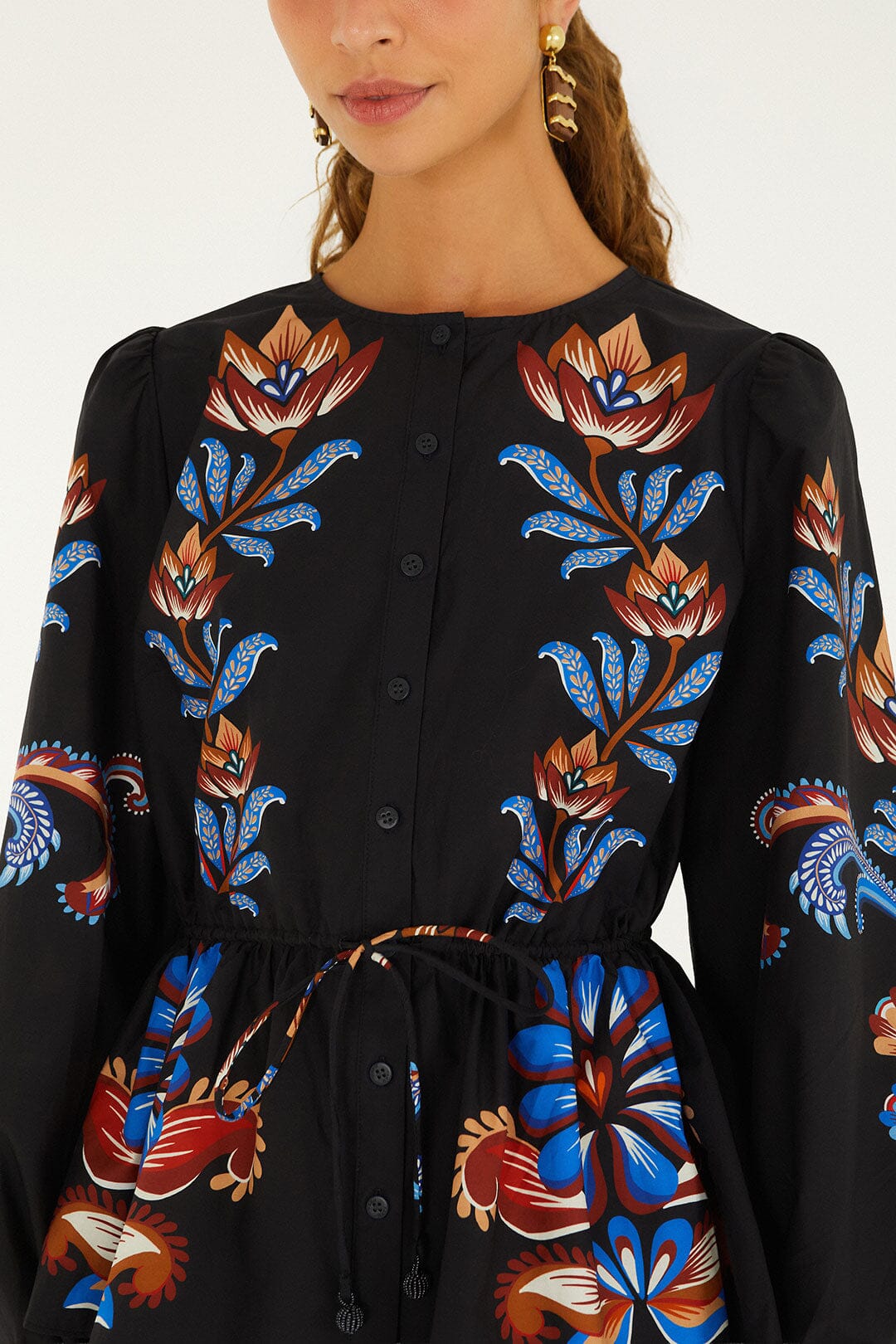 FARM Rio model wearing the Energy Floral Drawstring Buttoned Blouse