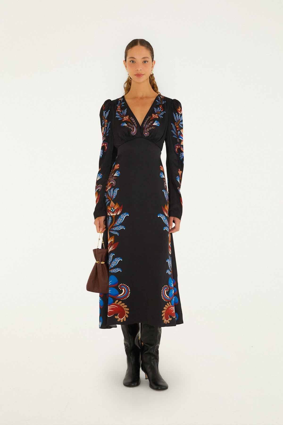 FARM Rio model wearing the Energy Floral Puff Sleeve Midi Dress