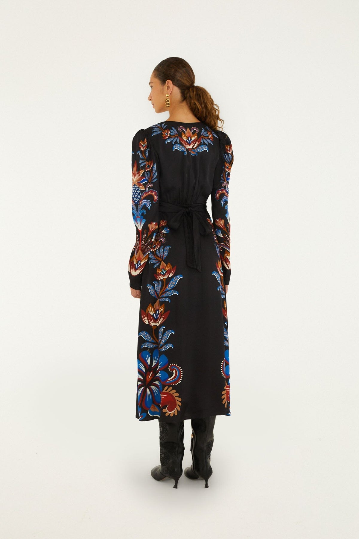 FARM Rio model wearing the Energy Floral Puff Sleeve Midi Dress