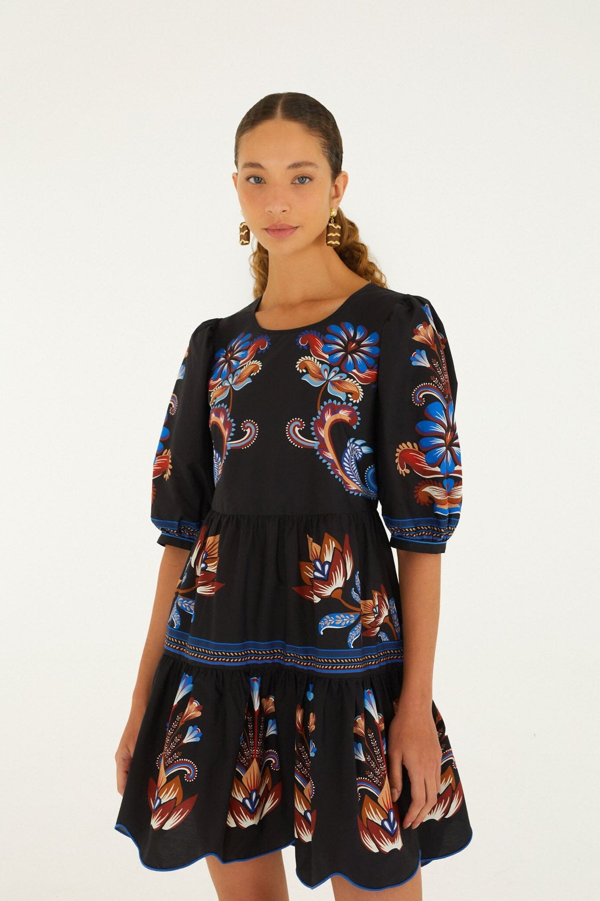 FARM Rio model wearing the Energy Floral Ruffled Hem Mini Dress