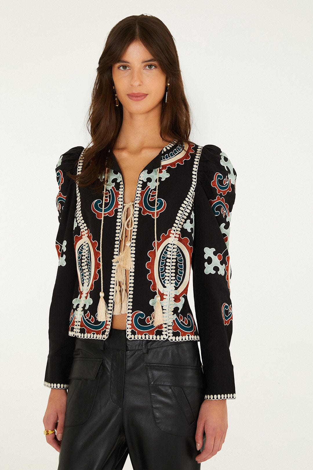 FARM Rio model wearing the Fantasy Embroidered Long Sleeve Blouse