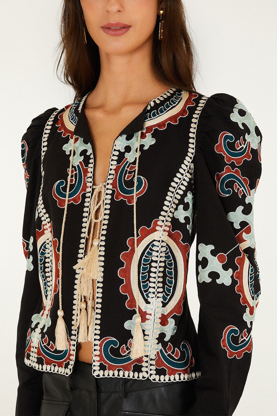 FARM Rio model wearing the Fantasy Embroidered Long Sleeve Blouse