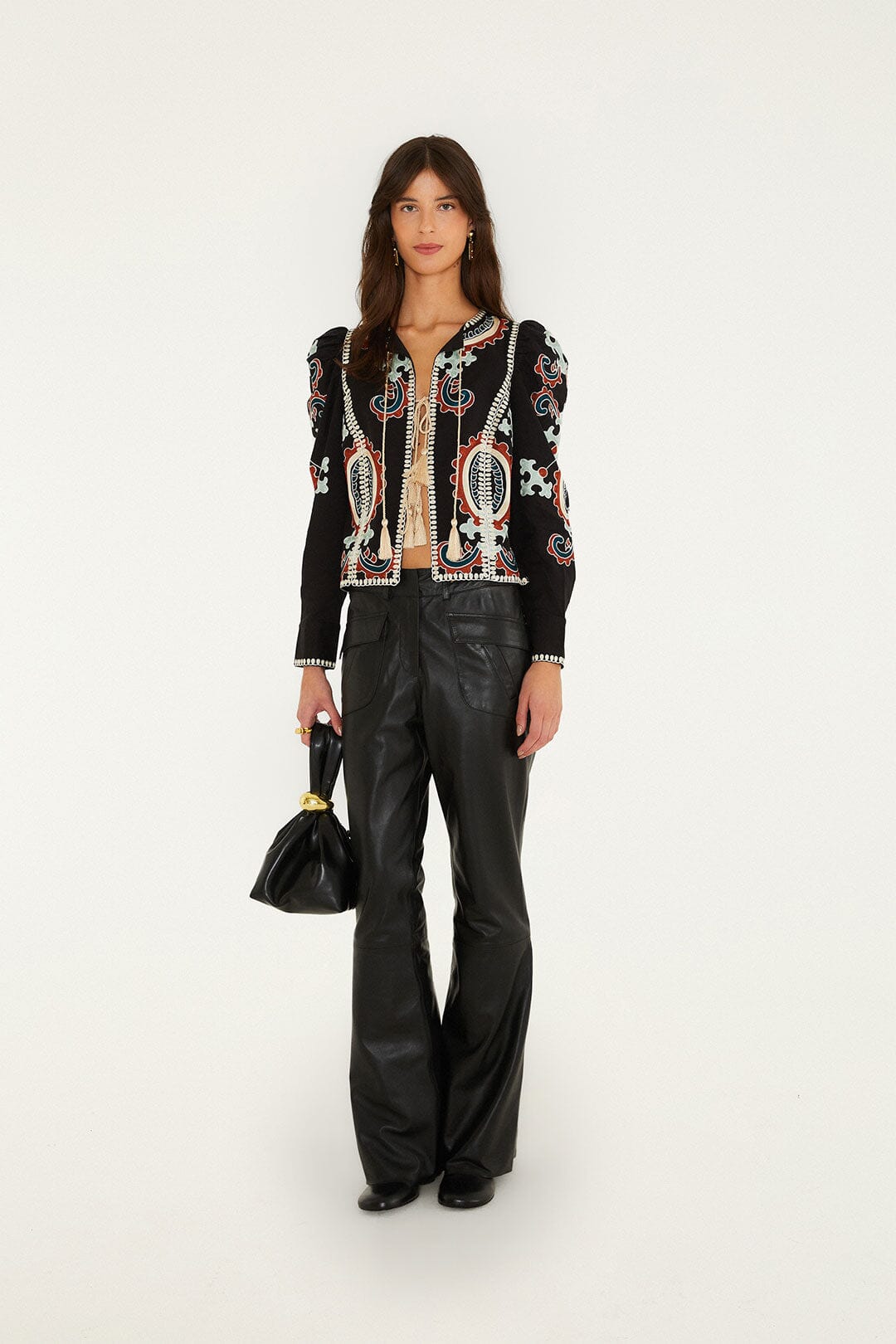 FARM Rio model wearing the Fantasy Embroidered Long Sleeve Blouse