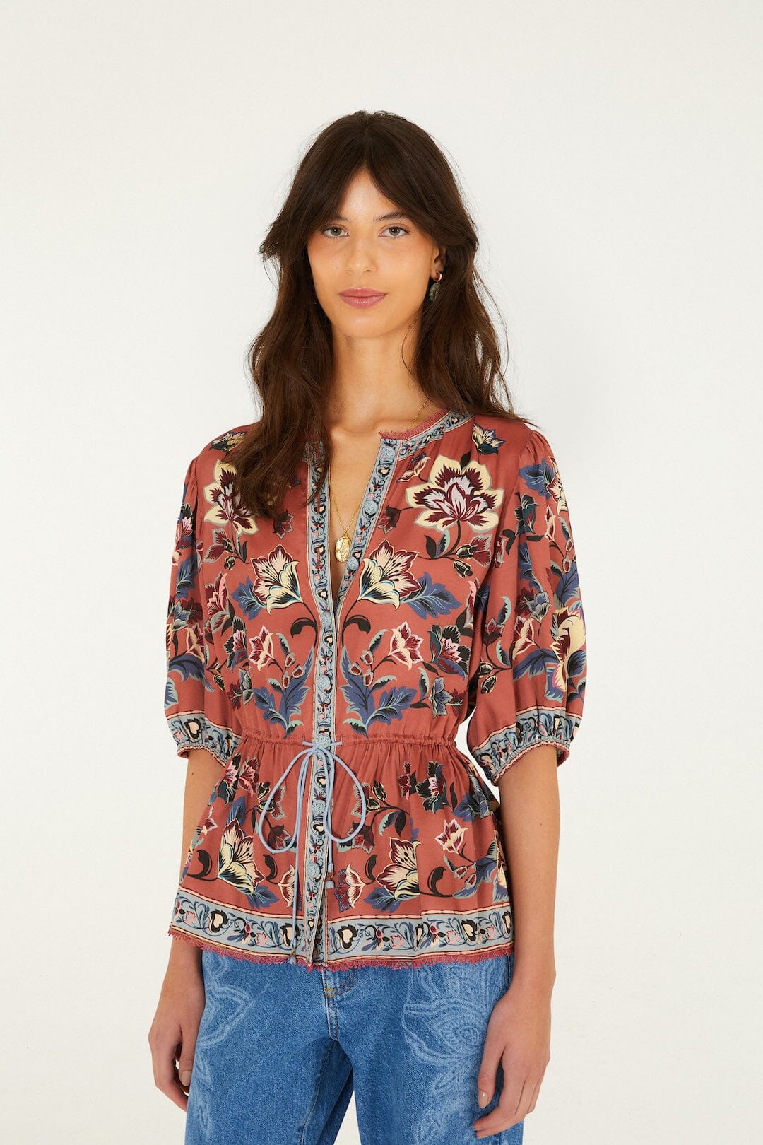 FARM Rio model wearing the Floral Beauty Tapestry Blouse