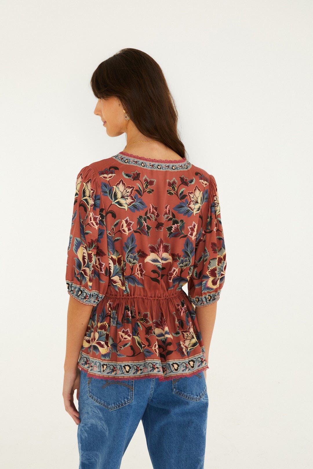 FARM Rio model wearing the Floral Beauty Tapestry Blouse
