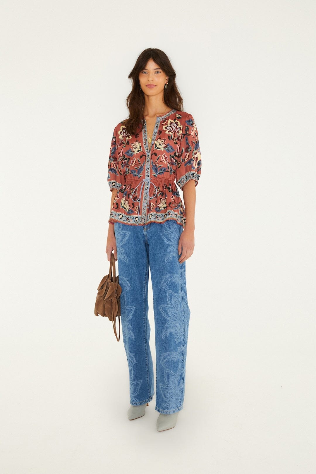 FARM Rio model wearing the Floral Beauty Tapestry Blouse
