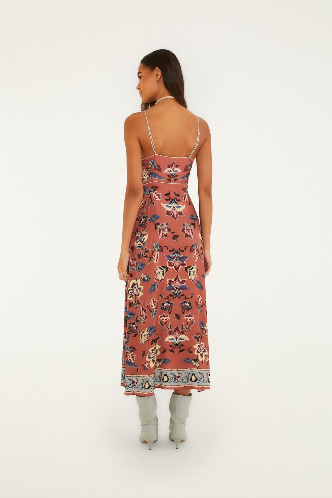 FARM Rio model wearing the Floral Beauty Tapestry Maxi Slip Dress