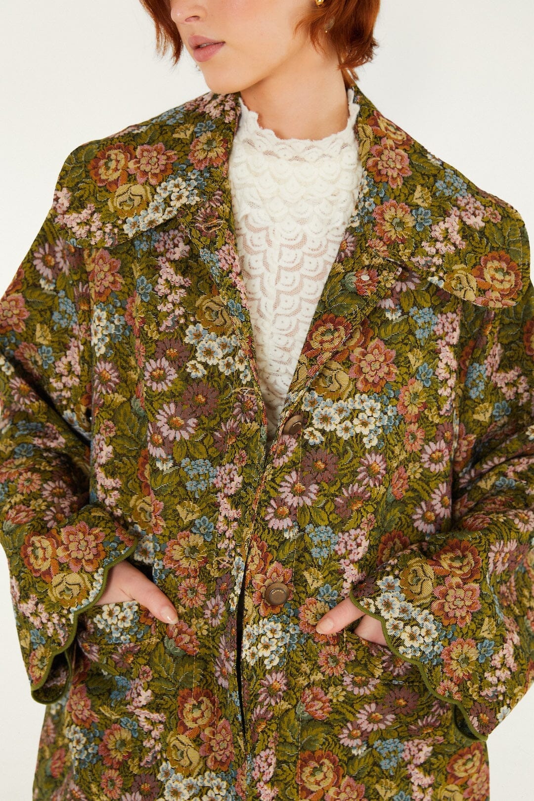 Trench à revers en jacquard floral