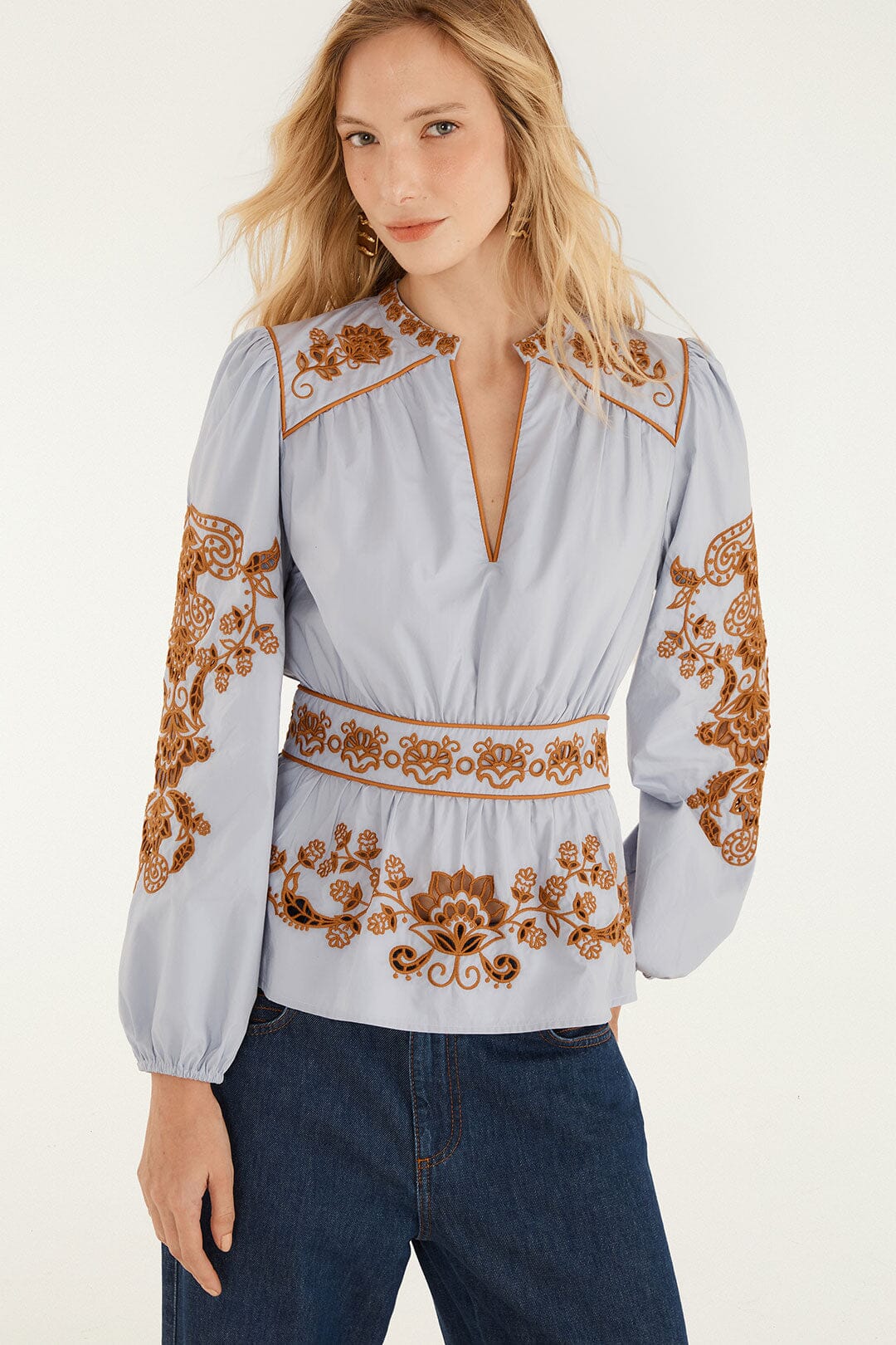 FARM Rio model wearing the Flower Richelieu Long Sleeve Blouse