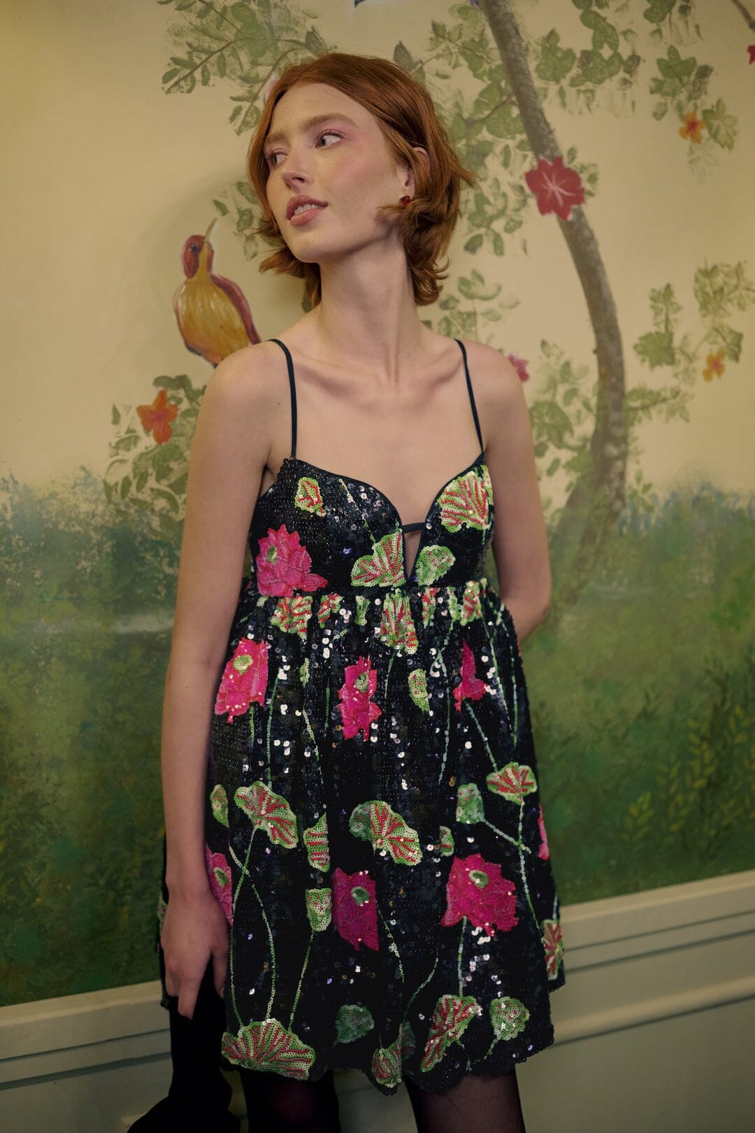 FARM Rio model wearing the Flower Sequins Sleeveless Mini Dress