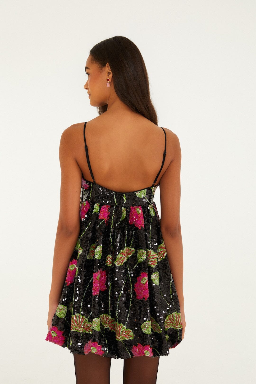 FARM Rio model wearing the Flower Sequins Sleeveless Mini Dress