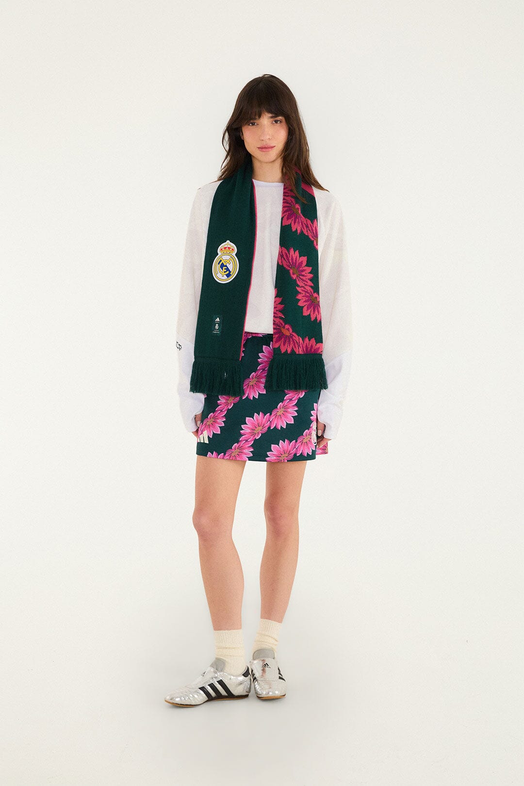 FARM Rio model wearing the Flowerbana Green Adidas Scarf