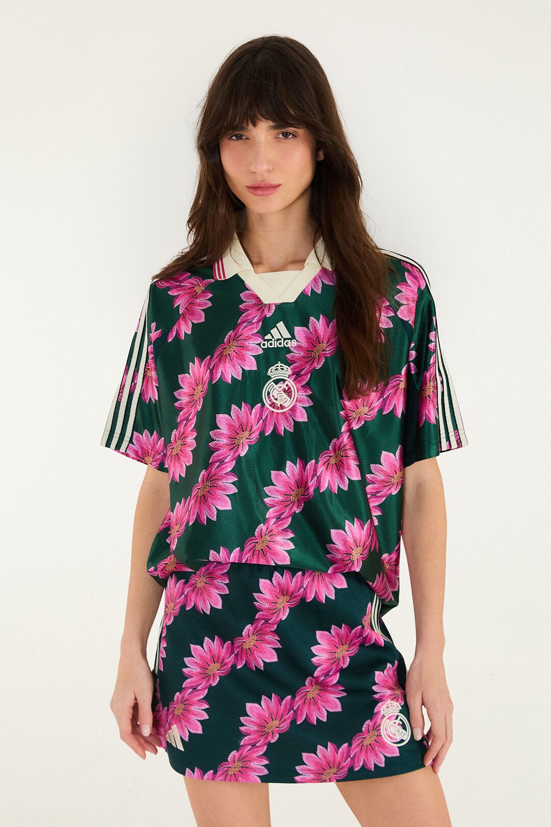 FARM Rio model wearing the Flowerbana Green Adidas Skirt