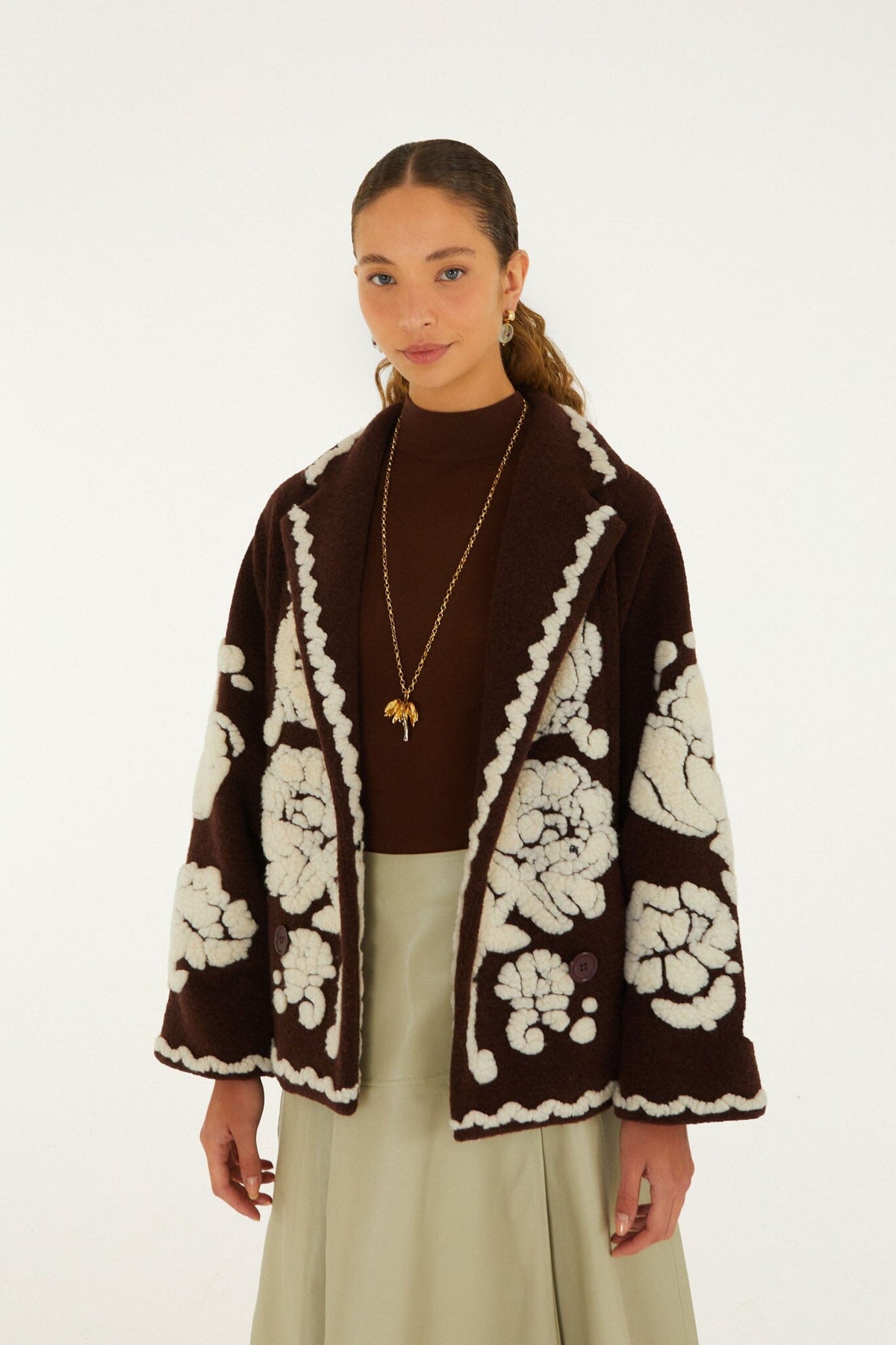 FARM Rio model wearing the Flowers Pockets Crop Fleece Coat