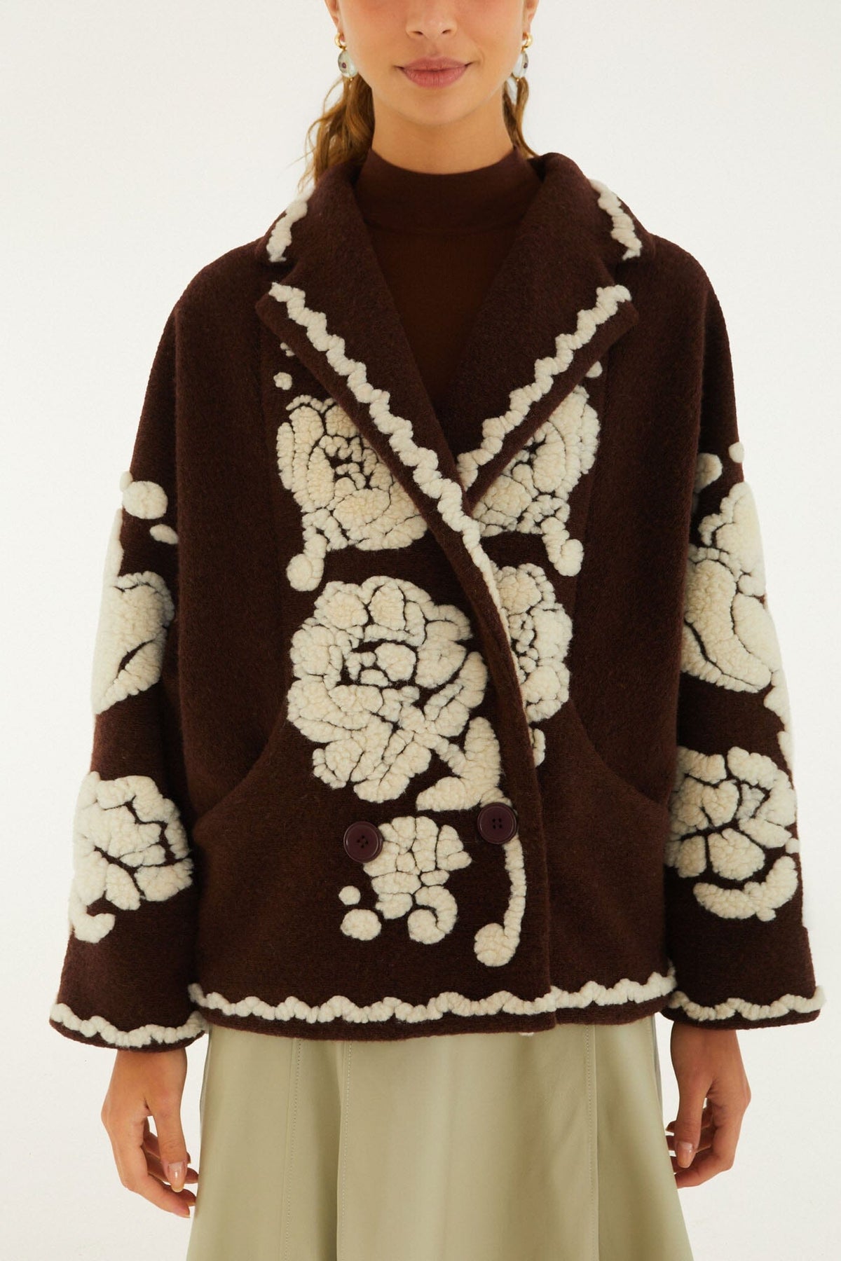 FARM Rio model wearing the Flowers Pockets Crop Fleece Coat