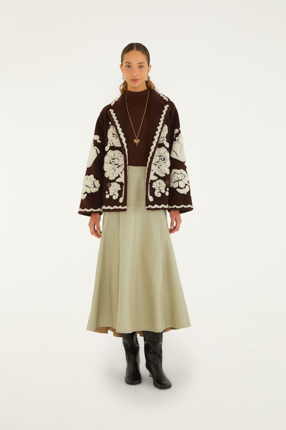 FARM Rio model wearing the Flowers Pockets Crop Fleece Coat