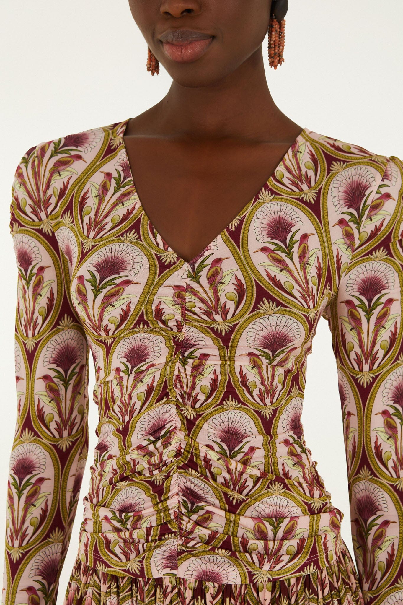 FARM Rio model wearing the Garden Medal Jersey Long Sleeve Blouse