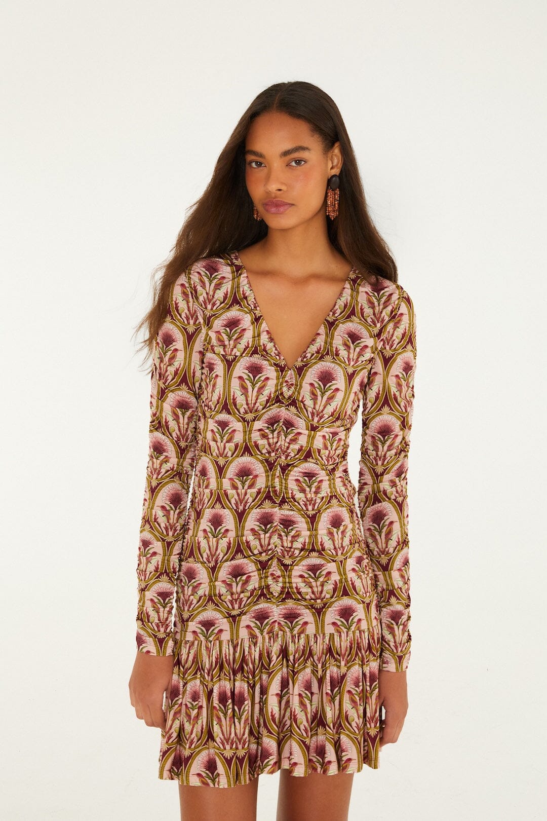 FARM Rio model wearing the Garden Medal Long Sleeve Mini Dress