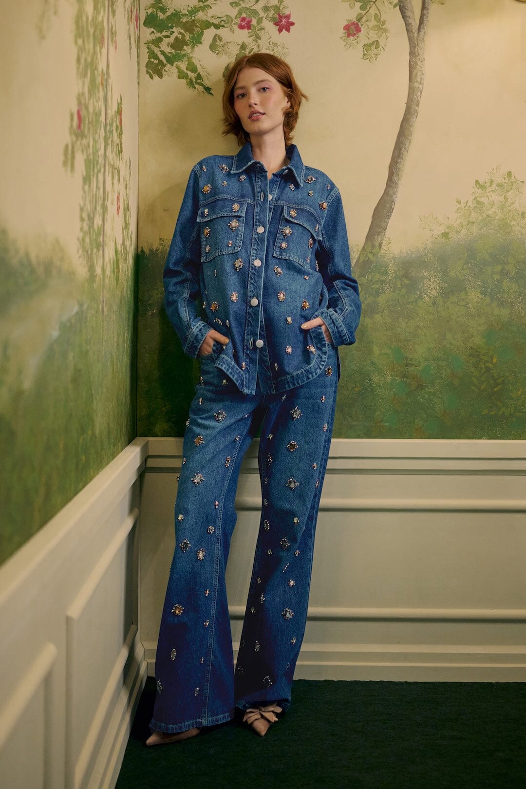 FARM Rio model wearing the Golden Gems Denim Flared Trousers