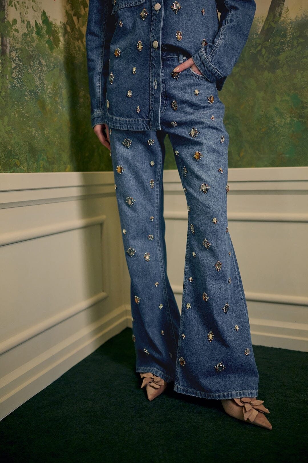 FARM Rio model wearing the Golden Gems Denim Flared Trousers