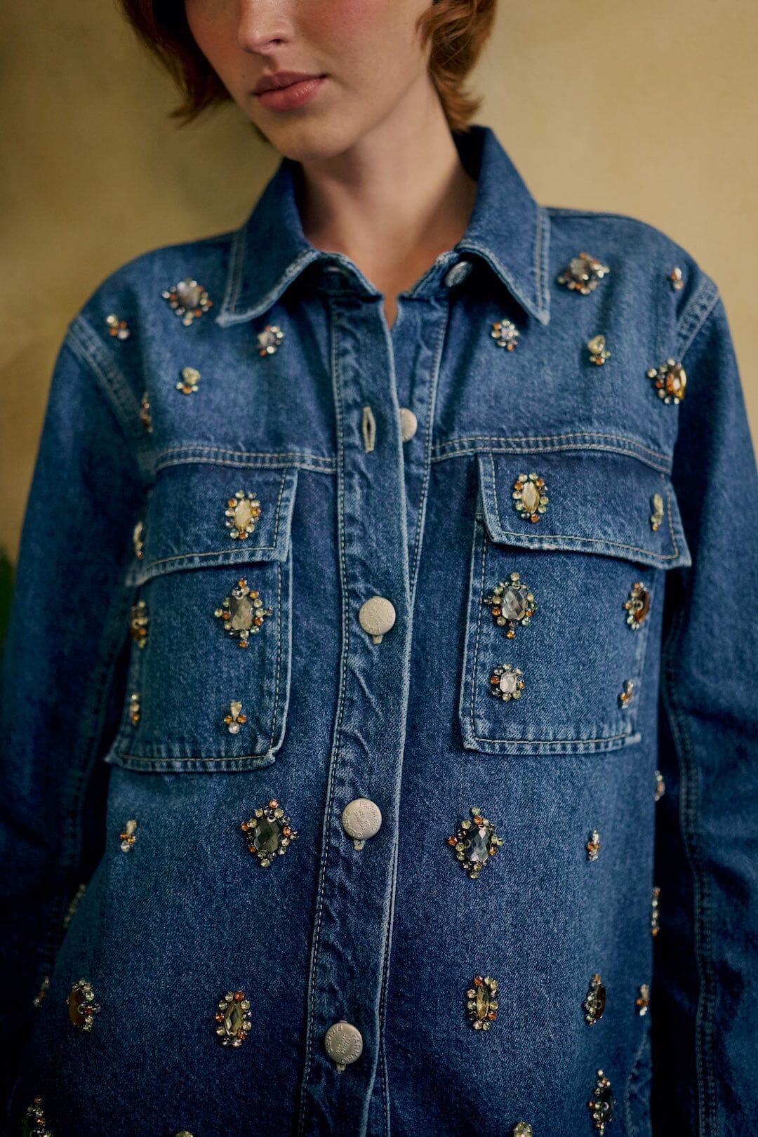 FARM Rio model wearing the Golden Gems Denim Shirt