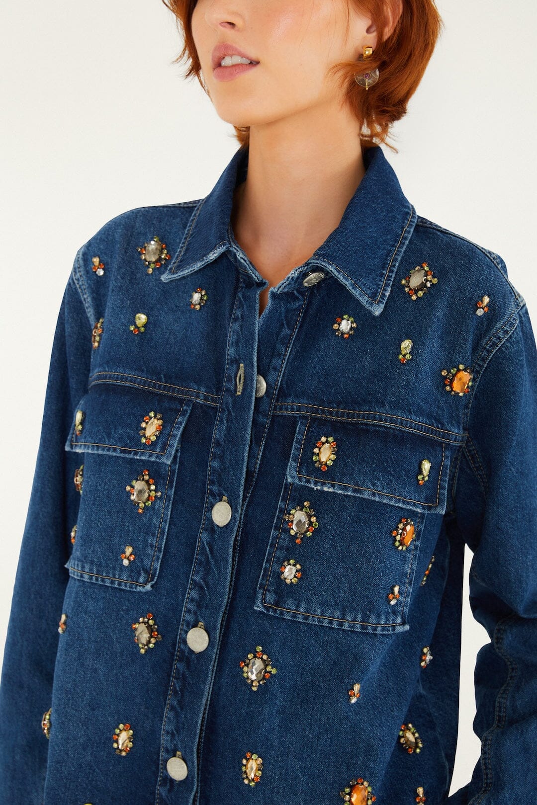 FARM Rio model wearing the Golden Gems Denim Shirt