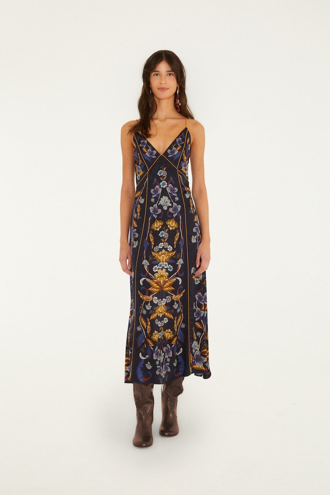FARM Rio model wearing the Golden Nature Slip Maxi Dress