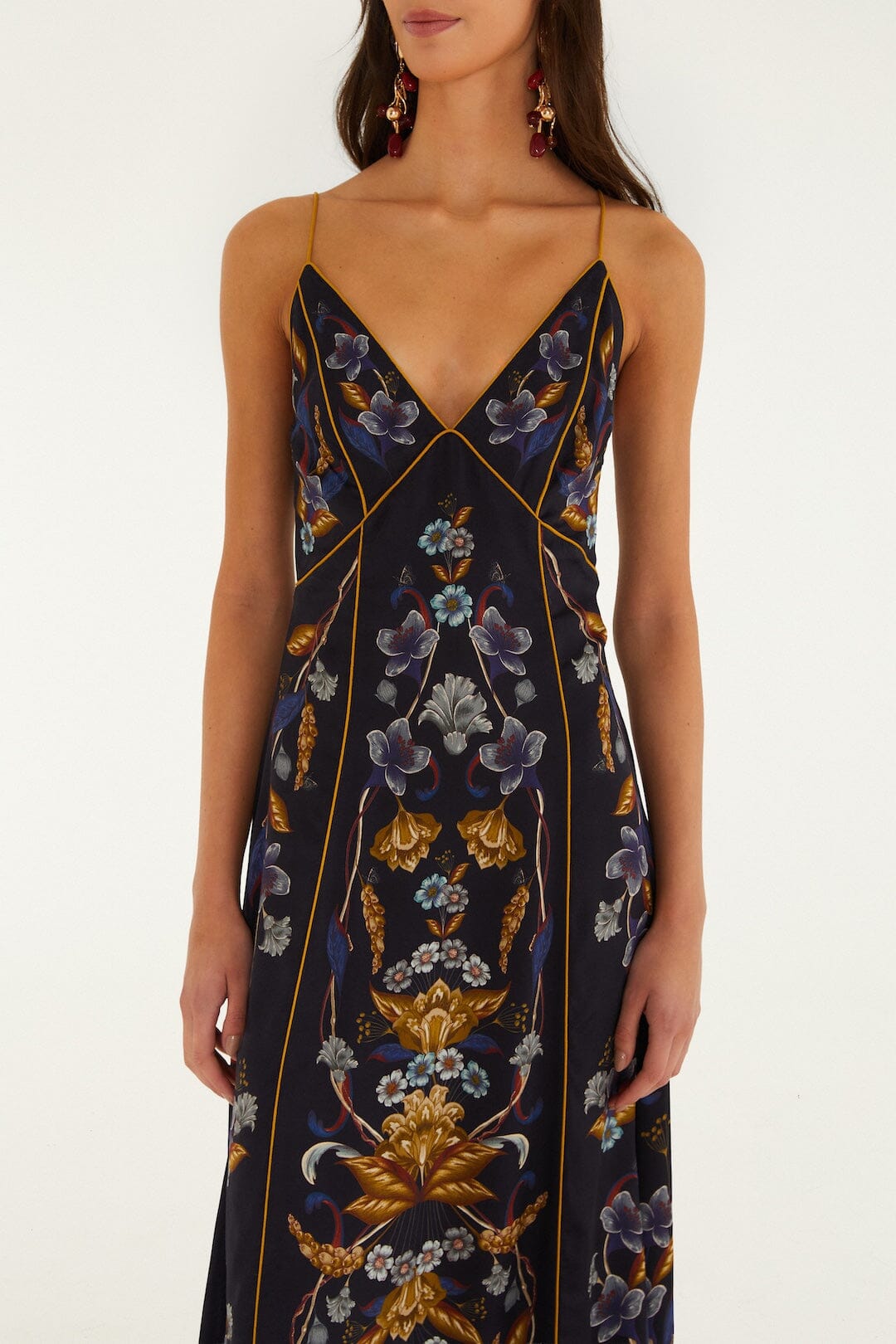 FARM Rio model wearing the Golden Nature Slip Maxi Dress