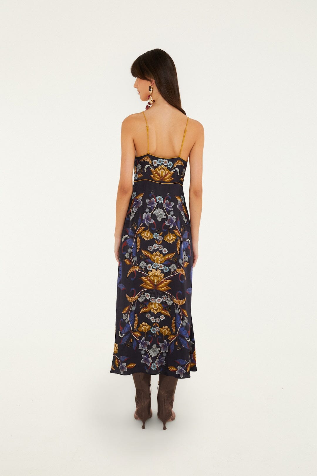 FARM Rio model wearing the Golden Nature Slip Maxi Dress