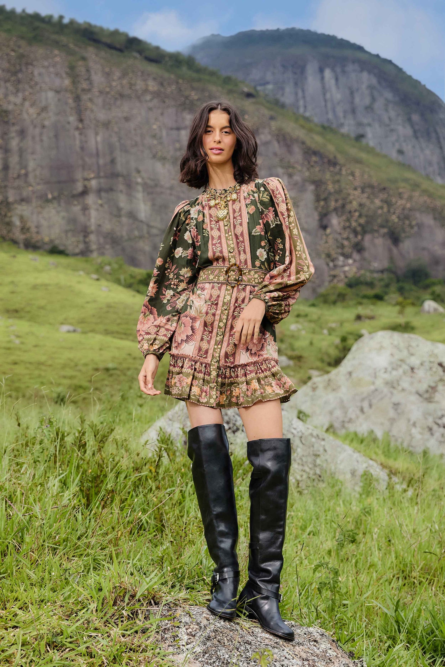 FARM Rio model wearing the Green Flowering Garden Tree Mini Dress