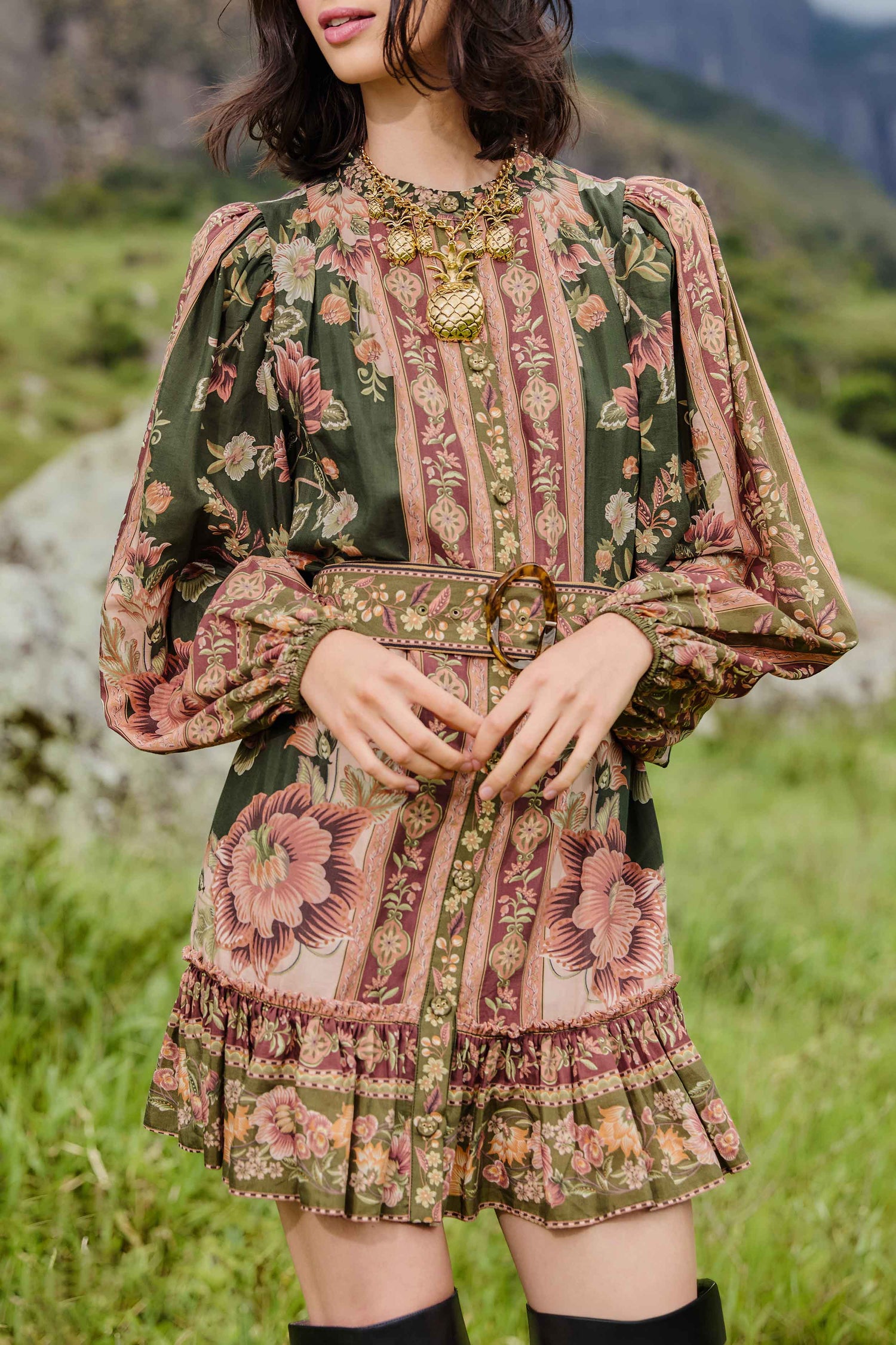 FARM Rio model wearing the Green Flowering Garden Tree Mini Dress