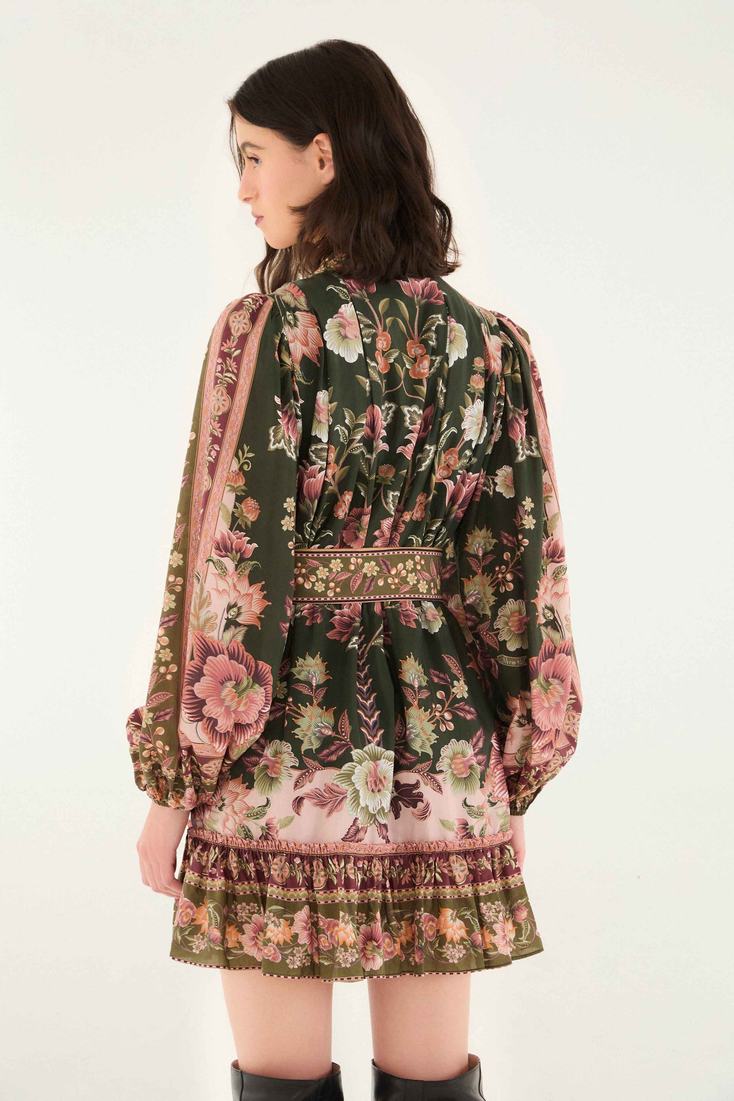 FARM Rio model wearing the Green Flowering Garden Tree Mini Dress